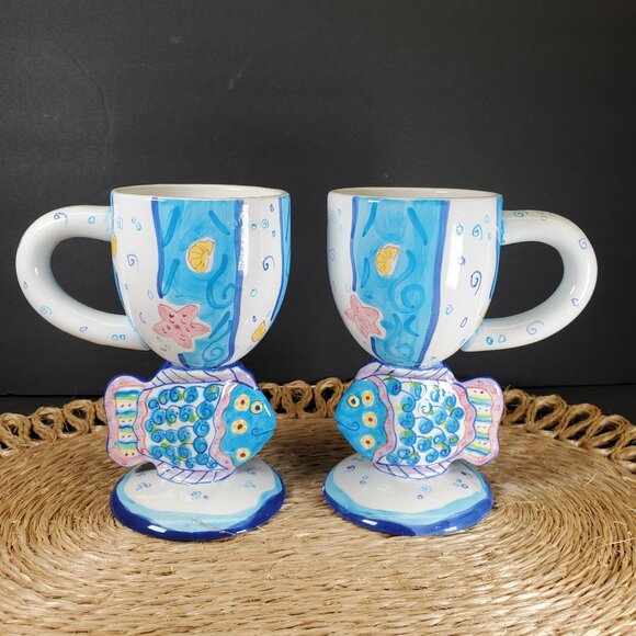 Tropical Fish Hand Painted Tall Tumbler Mug Set | Bella Casa by Ganz Coastal Bea - Picture 1 of 10